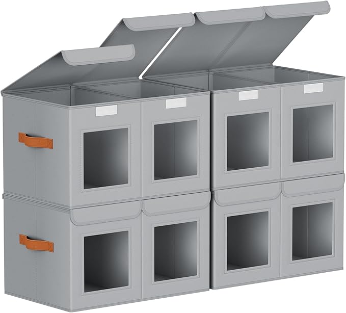 Large Closet Storage Bins - Collapsible Divided Clothes Organizer with Lids & Dual Window, Fabric Organizing Bins for Clothes, Sweater, Bedroom, Office (Grey, 4 Pack)