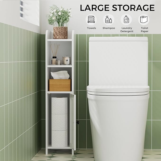 Homhedy Small Bathroom Storage Corner Floor Cabinet with Door and Shelves, Beside The Toilet Paper Stand for Skinny, Narrow Toilet Paper Cabinet, 7.9" D x 7.1" W x 31" H, White