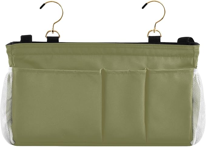 KOPIRIT Olive Color Bedside Caddy Storage Bag Bedside Organizer for Dorm Room Top Bunk Bed Bedside Shelf Hanging Organizer 6 Pockets with Hooks for Glasses Book Tablet Holder