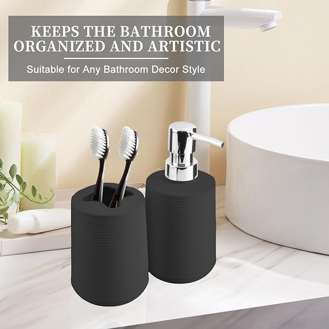 Bathroom Accessories Set 2 Piece, Matte Black Bathroom Accessories with Soap Dispenser and Toothbrush Holder, Striped Pattern Bathroom Set for Modern Bathroom Decor