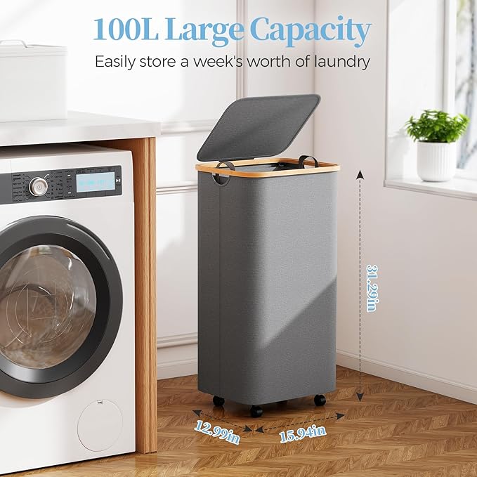 Yecaye 100L Large Capacity Laundry Hamper – Foldable Rolling Laundry Basket, Mobile Clothes Hamper with Wheels, Removable Inner Bag, Bamboo Handle Lid Laundry Bin – Multi-Use Storage,Grey