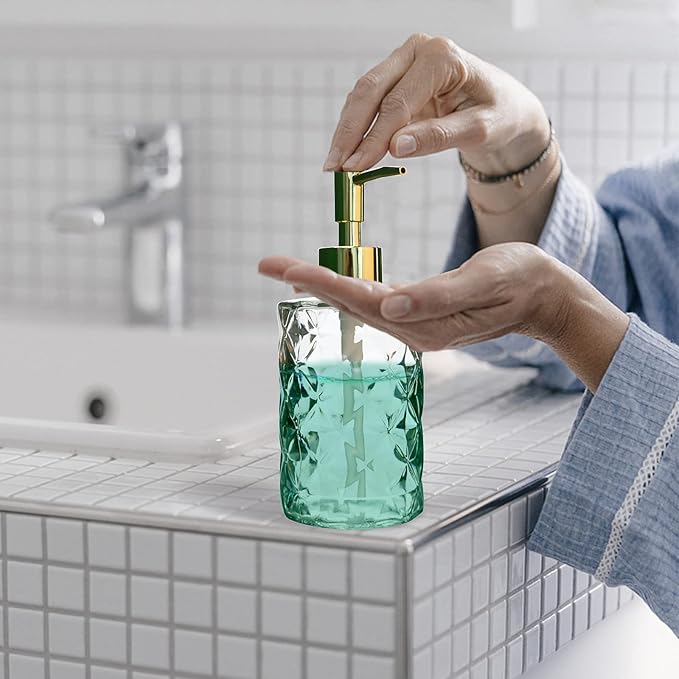 Crystal Glass Soap Dispenser, 330ml/11oz. Clear Glass Lotion Soap Dispenser with Gold Pump, Crystal Design Reusable Hand Soap Dispenser for Kitchen Dish Soap, Shower Gel, Shampoo(Gold Plating Pump)