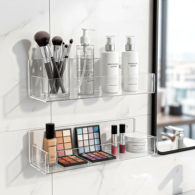 4 Pack Acrylic Spice Rack Wall Mount-9 Inch, Clear Spice Shelf Storage Holder, Hanging Seasoning Rack Organizer for Cabinet Door, Cupboard or Wall Kitchen (Adhesive or Screw)
