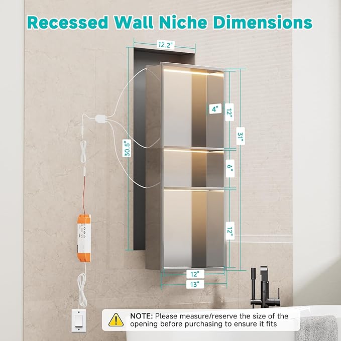 TSIBOMU Stainless Steel LED Lights Shower Niche 12" x 30" – Recessed Wall Niche with 3-Tier Storage, Waterproof & Rustproof Modern Bathroom Shower Shelf (Brushed)