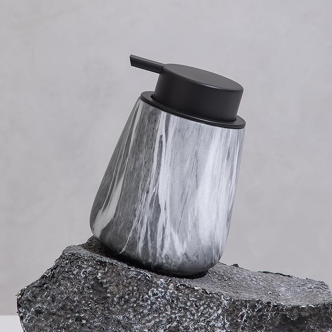 12Oz Ceramic Liquid Soap Dispenser - Modern Lotion Hand Soap Dispenser with Easy-to-Press Black Pump, Reusable and Refillable Dish Soap Dispensers for Bathroom & Kitchen, Marble Grey