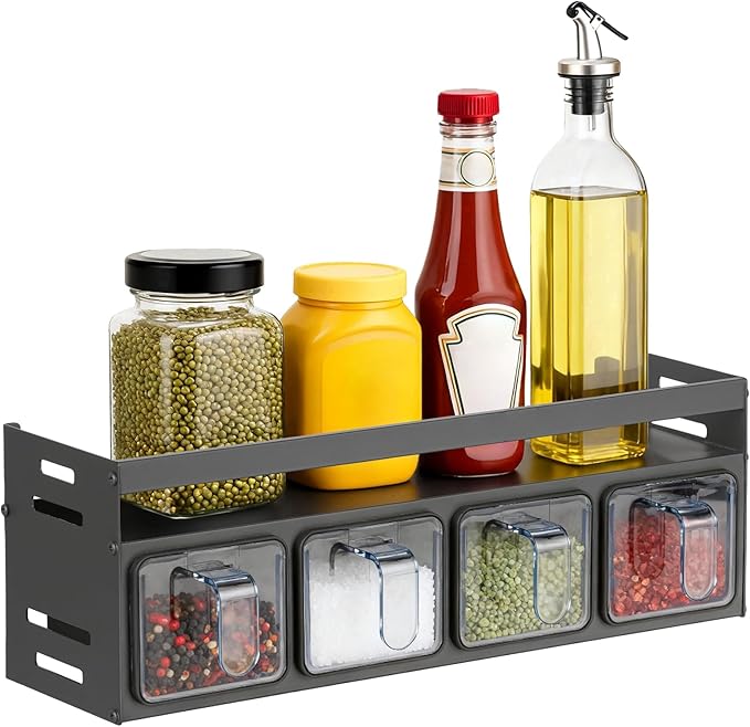 Kitchen Spice Rack, Kitchen Organizer and Storage Rack with 4 Spoons, Spice Organization for Cabinets Punch-free Wall/Countertop Home Decor Multifunctional Double Layer 4 Grid Condiment Rack, Gray