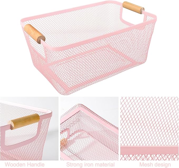 Metal Mesh Steel Basket, Large Wire Storage Organizer Basket Multi-function Hanging Kitchen Baskets with Wood Handle for Kitchen Bathroom Picnic Home, Rectangle-Pink