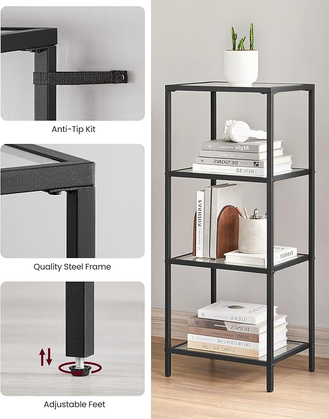 VASAGLE Bookcase, 4-Tier Bookshelf, Slim Shelving Unit for Bedroom, Bathroom, Home Office, Tempered Glass, Steel Frame, Ink Black ULGT028B61
