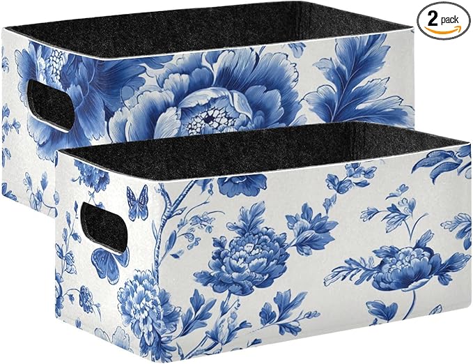 Blue and White Peony Flowers Butterfly Closet Storage Bins 2 Pcs Felt Open Home Storage Containers Organizer with Handles Collapsible Shelf Basket for Home Office Craft Room Classroom Fabric