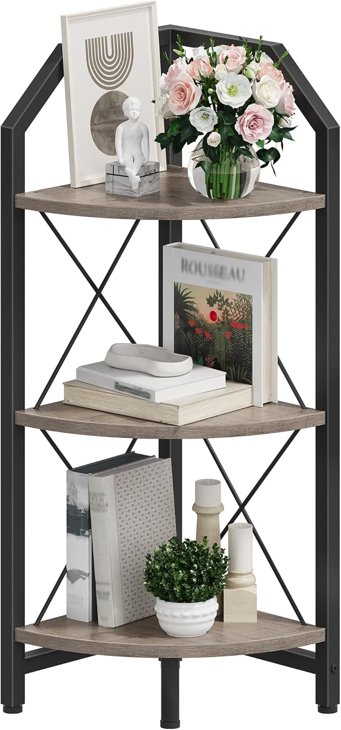3-Tier Corner Shelf, Industrial Corner Bookshelf, 35.4" Storage Stand, Plant Stand Display Shelf, Bookcase for Bedroom, Living Room, Home Office, Greige and Black TCJ03BG