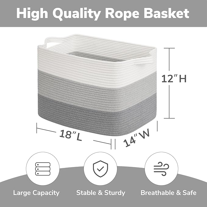 Goodpick Large Woven Basket, Rectangle Rope Storage Baskets for Organizing, Blanket Basket with Handles for Living Room, Nursery, Gradient Gray, 18 x 14 x 12 Inches