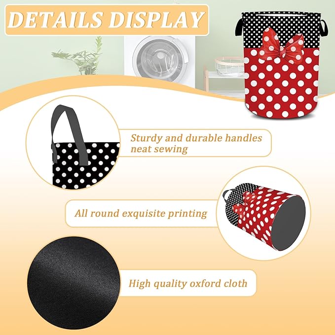 Black Red Polka Dot Laundry Basket, Cute Bow Tie Laundry Hamper Foldable Waterproof Funny Tote Bag Dirty Clothes Storage Bucket Toy Organizer for Bathroom/Laundry/Bedroom 15.7"x19.6"