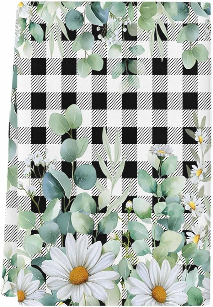 Microfiber Kitchen Towel, Green Eucalyptus Leaves Soft Absorbent Dish Towels, Summer Botanical Daisy Black Plaid Quick Drying Washable Dishcloths for Kitchen Cleaning, Drying Dishes, 18x28 Inches