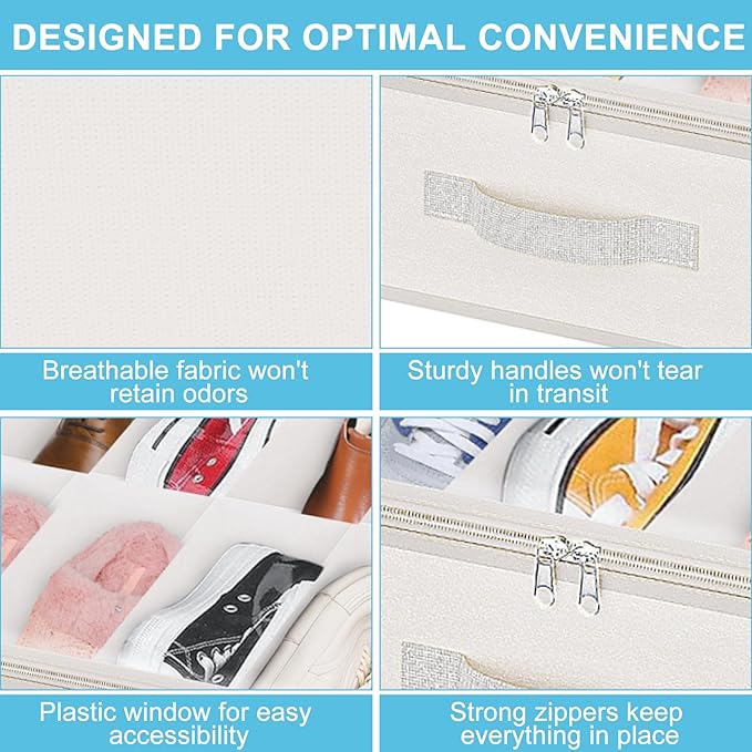 Under Bed Shoe Storage Organizer for Closet, Fits 32 Pairs Underbed Shoes Box Storage Containers Under the Bed Storage Foldable with Sturdy Handles&Clear Window for College Dorms Beige, Set of 2