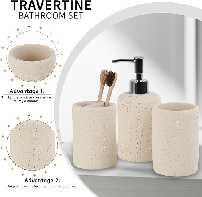 Bathroom Accessories Set,4 Piece Travertine Stone Look Bathroom Accessory Set with Soap Dispenser,Toothbrush Holder,Vanity Tray,Tumbler,Bathroom Organizer for Modern Bathrooms - Beige
