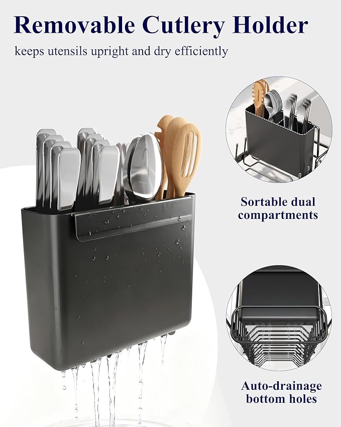 Kitsure Dish Drying Rack - Expandable Dish Rack for Kitchen Counter, Over Sink Or in Sink, Space-Saving Plates Dryer with Cutlery Holder & Drip Tray, 14.0"-20.9" L x 6.3" W x 8.0" H, Black