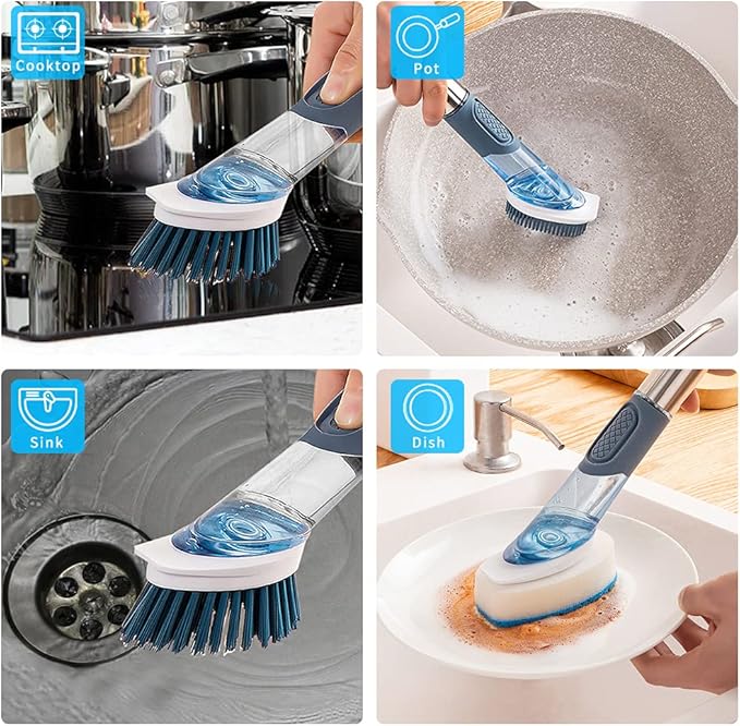 Dish Cleaning Brush, Soap Dispensing Dish Brush Set with 4 Replacement Heads and Storage Holder, Kitchen Scrub Brush for Dish Pot Pan Sink Cleaning (Blue)