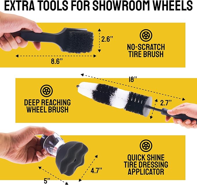 Boar Hair Detailing Brush Set - 9-Pack - Includes Wheel, Tire Brush & Tire Dressing Applicator - Soft Boar Hair Bristles - Scratch-Free Car Wash - Crevice Tools for Vents & Emblems