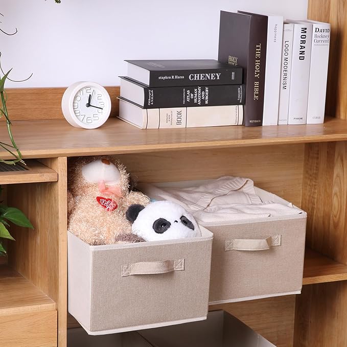 BOMKEE Collapsible Sorage Bins, Storage Cubes Baskets Collapsible Fabric Storage Boxes with Handles for Home and Office (Set of 4, Beige, 15.4 x 11.4 x 7.91inch)