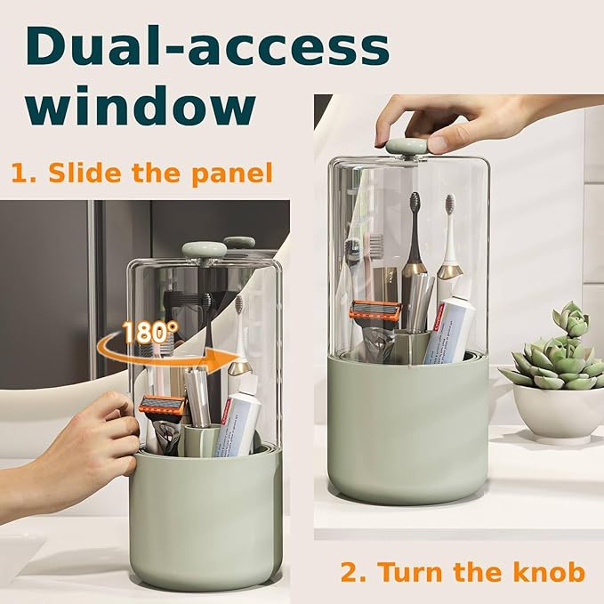 YOOLENS Toothbrush Holder with Cover 360 Rotating 4 Compartments Bathroom Toothpaste Electric Toothbrush Organizer, Light Green