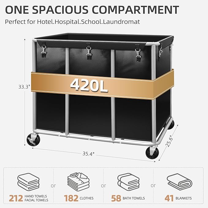 STORAGE MANIAC Commercial Laundry Cart with Wheels 420L Sturdy Steel Frame Heavy Duty Rolling Laundry Hamper on Wheels Big Laundry Basket with Removable Waterproof Liner Bag, 400 lbs Load, Black