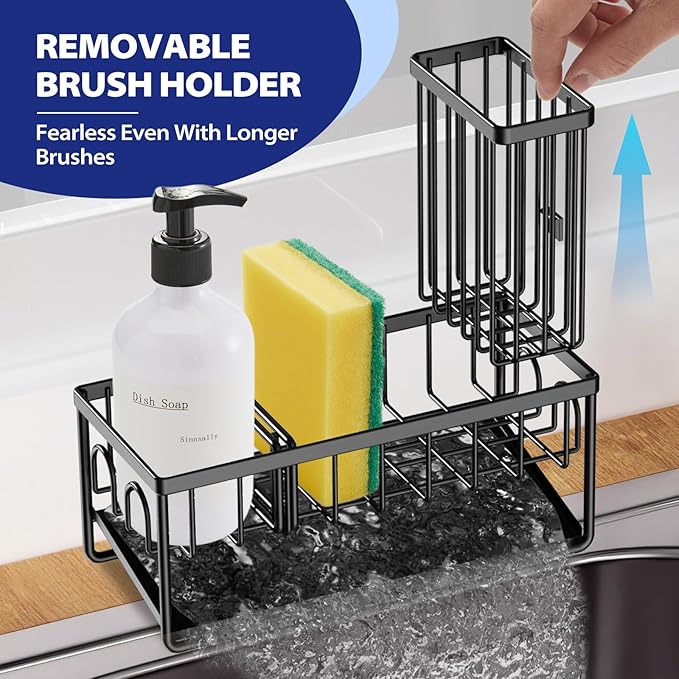 Sinnsally Kitchen Sponge Holder,Sink Caddy Organizer with Brush Holder,Stainless Steel Sink Box Dish Scrubber Holder with Self Drain Tray,Soap Dispenser Storage Accessories for Kitchen Counter(Black)