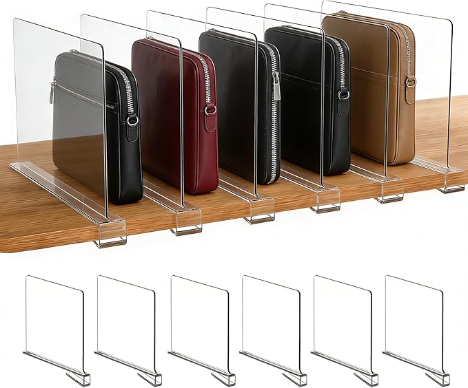 6 Pack Shelf Divider for Closet Acrylic, Clear Purse Organizer for Closet Perfect for Sweater, Shirts, Handbags in Bedroom and Kitchen, Acrylic Bookshelf for Organization