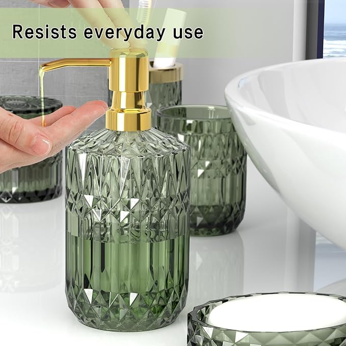 Green Glass Bathroom Accessories Set 5 Pcs, Green Bathroom Set, Soap Dispenser and Toothbrush Holder Set, Qtip Holder Set, Vintage Bathroom Sink Set, Cute Bathroom Decor