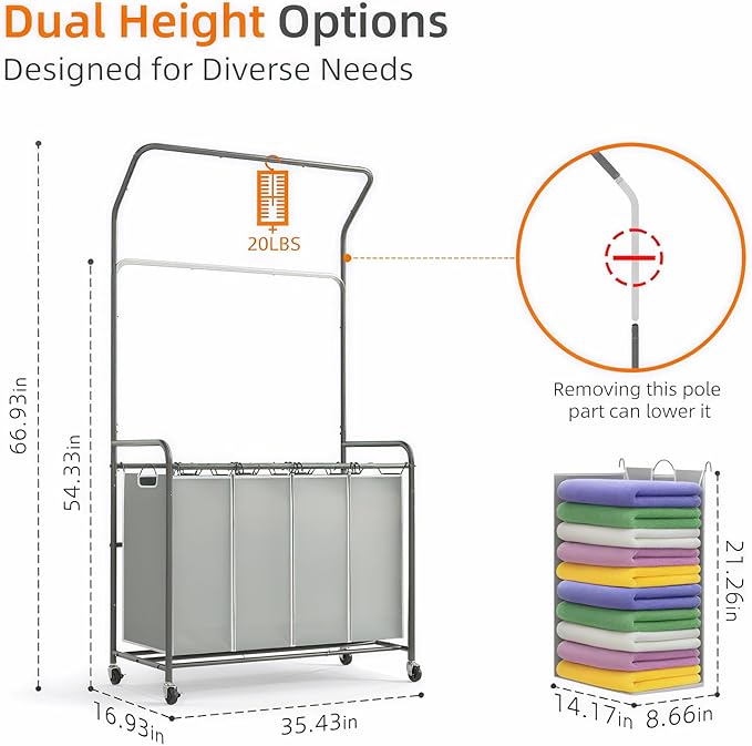 ROMOON Rolling Laundry Basket Organizer with Hanging Clothes Rack: 4 Section Laundry Hamper Sorter with Hanging Bar and Heavy-duty Lockable Wheels - Clothes Rack with Laundry baskets, 2025 Upgrade