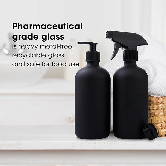 Black Boston Round Glass Bottles, 16oz | Glass Spray Bottle & Soap Dispenser | Reusable for Cleaning & More | Set of 2