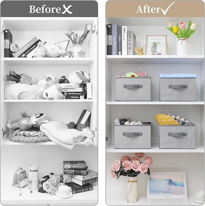 Storage Baskets, 11-Inch Woven Fabric Bins, Storage Cubes with Reinforced Handles, Organizer Bins for Closet Shelves, Foldable, for Toys, Clothes (2PCS/Grey-11*11*7.8inch)