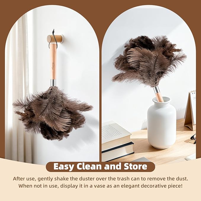 2 Pack Ostrich Feather Dusters with Wooden Handle, 13.5 inch Natural Fluffy Feather Dusters for Dusting Home, Car, Delicate Surfaces, Reusable Soft Cleaning Tools for Ledges, Blinds