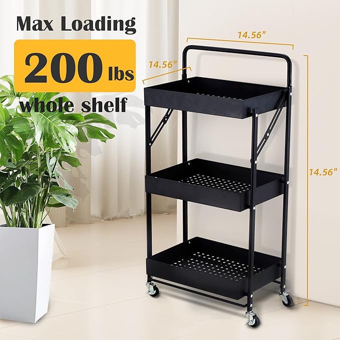 Folding Storage Rack 3-Tier Mesh Storage Shelf Portable Closet Shelving Unit with 360°Removable Wheels for Kitchen/Living Room/Bathroom/Laundry Room/Pantry/Garage/(Max Load Capacity 200 lb)