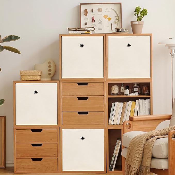 Foldable Storage Cubes Bins ,11 Inch Cloth Storage Cube Fabric Storage Box Cubes Organizer Baskets with Dual Handles for Home Organizer Set of 12 (Creamy-White)