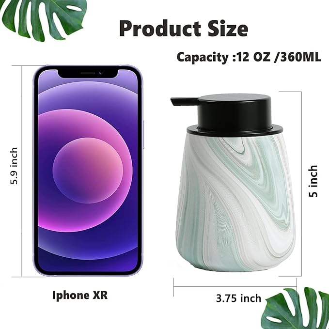 12Oz Ceramic Liquid Soap Dispenser - Modern Lotion Hand Soap Dispenser with Easy-to-Press Black Pump, Reusable and Refillable Dish Soap Dispensers for Bathroom & Kitchen, Marble Green
