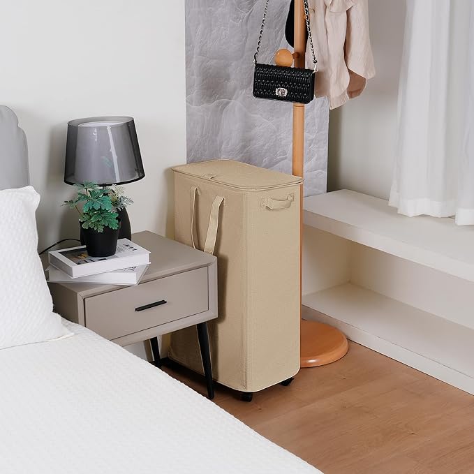 Slim Laundry Hamper with Lid and Wheels, Small Rolling Laundry Basket with Handle for Small Spaces, Tall Dirty Clothes Hampers for Dorm, Bathroom and Bedroom, 75L, Oatmeal
