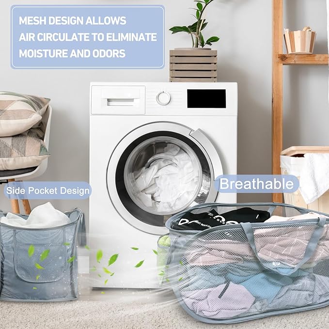 2PCS Mesh Laundry Hamper,Collapsible Laundry Baskets,75L Large Foldable Dirty Laundry Clothes Hamper Storage Basket Horizontal with Side Pocket&carry Handle for Home Travel grey Emerald