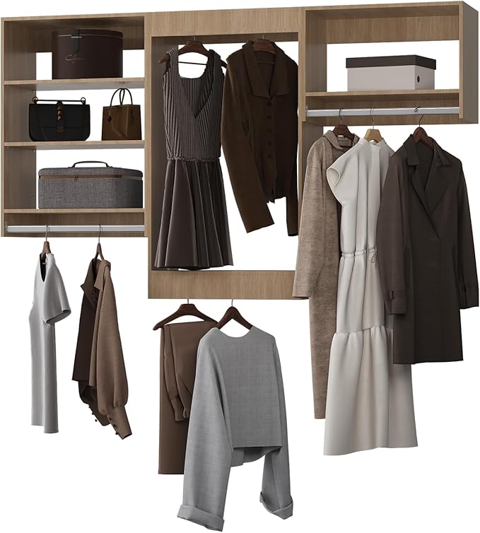 Modular Closet Organizer - 84" Wide with Wood Hanging Shelves, Wall Mounted, Bedroom Closet Storage