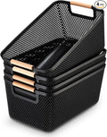 Tioncy 4 Pcs Plastic Mesh Baskets with Wood Handle Woven Mesh Storage Organizer Bins Multi-function Rectangle Baskets for Home Pantries Shelves Closet Kitchens Bedrooms(10.4 x 7.2 x 4.7 Inches)