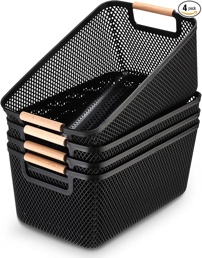 Tioncy 4 Pcs Plastic Mesh Baskets with Wood Handle Woven Mesh Storage Organizer Bins Multi-function Rectangle Baskets for Home Pantries Shelves Closet Kitchens Bedrooms(12.01 x 8.03 x 5.59 Inches)