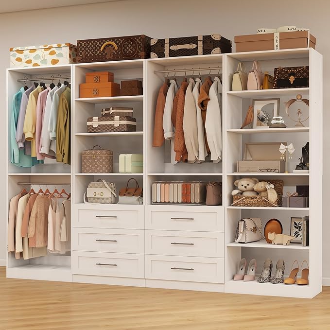 Closet System with 4 Sets, Closet Organizer Systems with 6 Drawers & 7 Hanging Rods & Adjustable Shelves, Walk in Closet Standalone Closet System Modular Closet System Set White