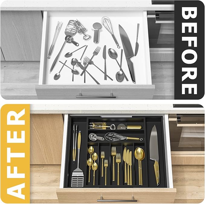 Utensil Organizer Silverware Drawer Organizer - Bamboo Expandable Cutlery Tray with Dividers for Utensil Holder Office Storage Makeup Desk Drawer Tool Organization W13.5"-19.5" x L17.5" x H2.5"(Black) | Expandable, Cutlery Tray, with Dividers, Utensil ...