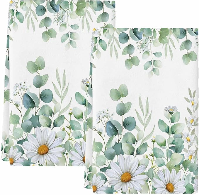 Kitchen Towels Set of 2, Green Eucalyptus Leaves Soft Microfiber Dish Towels, Summer Botanical Watercolor Daisy Absorbent Washable Dishcloths for Kitchen Cleaning, Drying Dishes, 18x28 Inches