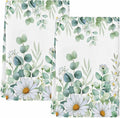 Kitchen Towels Set of 2, Green Eucalyptus Leaves Soft Microfiber Dish Towels, Summer Botanical Watercolor Daisy Absorbent Washable Dishcloths for Kitchen Cleaning, Drying Dishes, 18x28 Inches