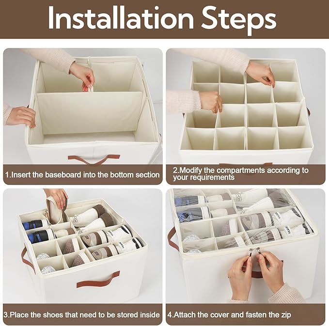 2 Pack Shoe Organizer for Closet, Foldable Shoe Storage Bins with Clear Cover and Adjustable Dividers, Fits up to 16 Pairs, Large Shoe Box Storage Containers with Reinforced Handles (Beige)
