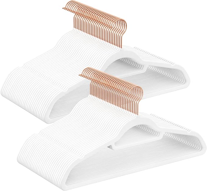 SONGMICS Velvet Hangers, Set of 60 Clothes Hanger with Rose Gold Swivel Hook, Non-Slip, and Space-Saving, 0.2-Inch Thick, 17.1-Inch Long for Coat, Shirt, Dress, Pants, Tie, Cloud White UCRF0021W01