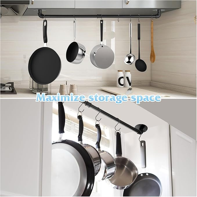 32 inch Pot Rack Wall Mounted Pan Hangers for Kitchen, Industrial Pipe Utensils Hanging Rail Iron Detachable Storage Organizer Lids Holder with 8 S Hooks, Black