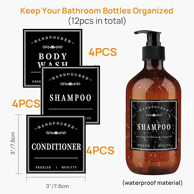 12PCS Bathroom Labels for Soap Dispenser, Removable Bathroom Organization Labels, Waterproof Bottle Labels for Shampoo Conditioner Body Wash (Black)