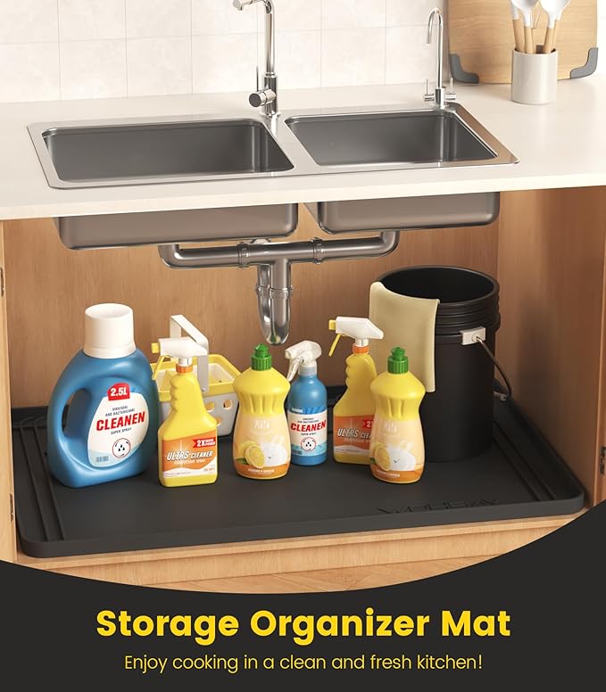 Wohbay Under Sink Mats for Kitchen Waterproof, Cut to Fit Under Sink Drip Tray for Kitchen Bathroom Cabinets, Silicone Sink Liner Hold Up to 3.3 Gallons Liquid, 34" X 22" Or Smaller (Black, Large)