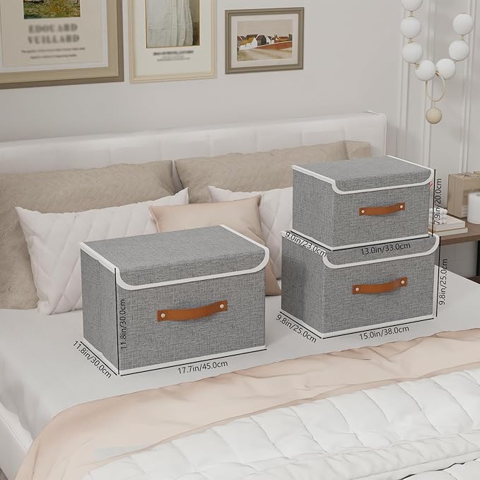 Yawinhe Storage Bins with Lids, Closet Baskets, Washable and Leather Handle, Collapsible Boxes for Home, Grey, 17.7''Lx11.8''Wx11.8''H, 5-Pack, USNK024GX-5